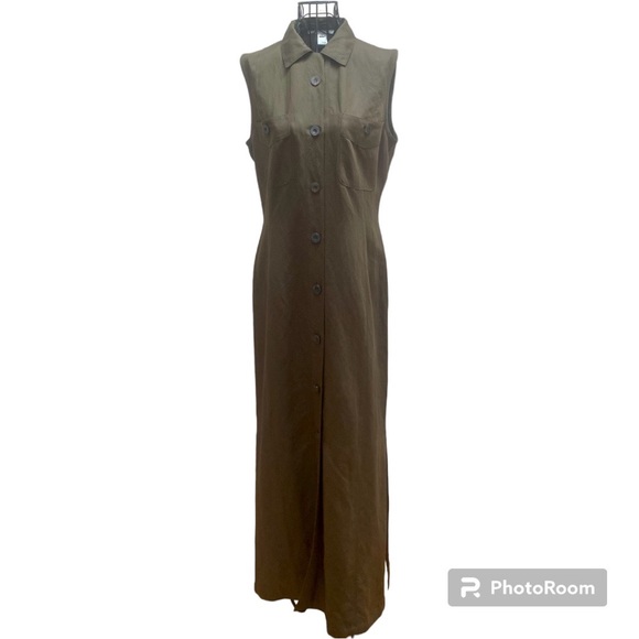 🇫🇷 NWOT Votre Nom Paris Olive Green Sleeveless Linen Blend Shirt Dress T3 M L - Picture 3 of 14